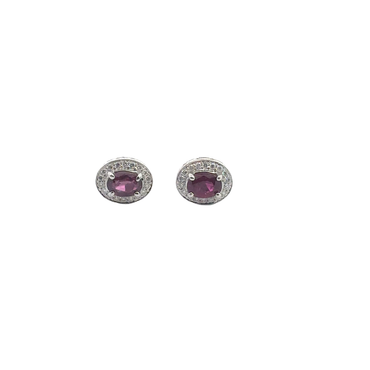 Oval Purplish-Red Ruby Halo Stud Earrings in White Gold