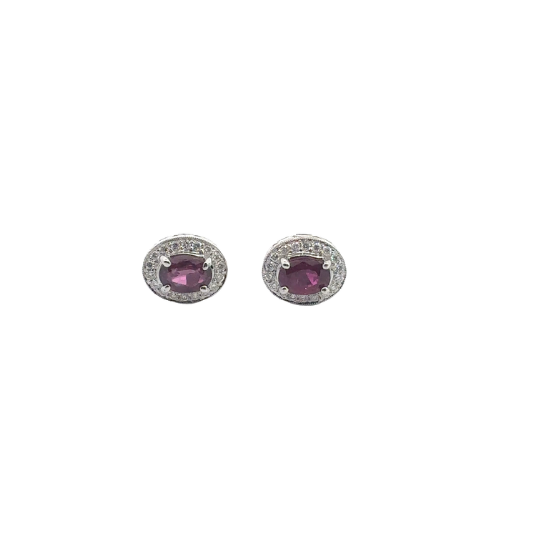 Oval Purplish-Red Ruby Halo Stud Earrings in White Gold