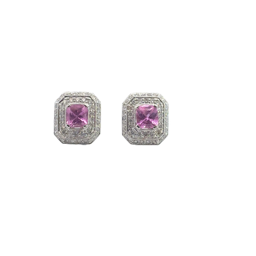 Vivid Pink Sapphire Double Halo Stud Earrings in White Gold