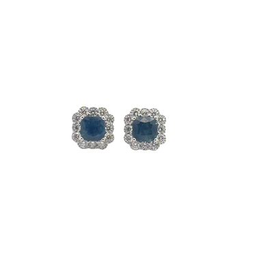White Gold Deep Blue Sapphire Halo Stud Earrings
