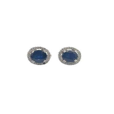 Blue Sapphire Oval Halo Stud Earrings in White Gold