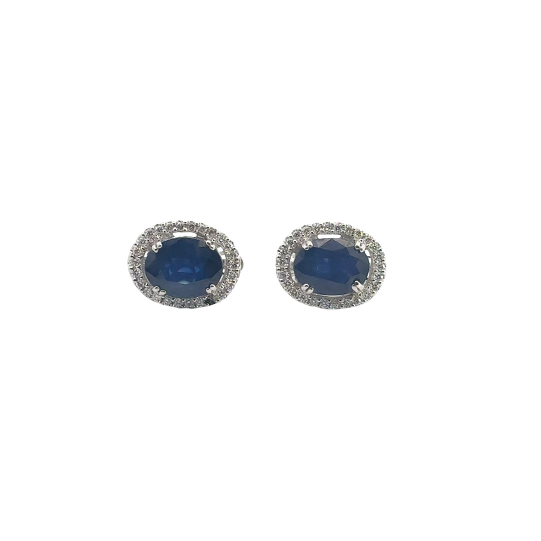 Blue Sapphire Oval Halo Stud Earrings in White Gold
