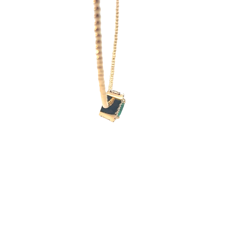 Emerald Halo Pendant on Yellow Gold Beaded Necklace