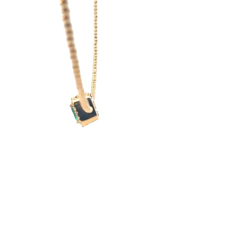 Emerald Halo Pendant on Yellow Gold Beaded Necklace