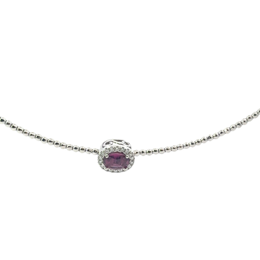Silver Beaded Necklace with Purplish-Red Ruby Halo Pendant