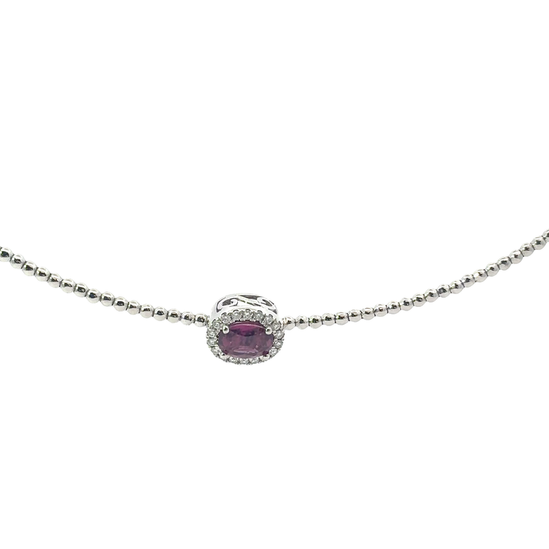 Silver Beaded Necklace with Purplish-Red Ruby Halo Pendant