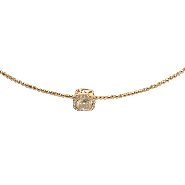 Fancy Yellow Diamond Halo Pendant on Rose Gold Beaded Chain