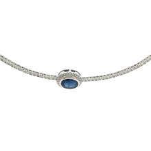 Blue Sapphire and Diamond Halo Necklace in White Gold