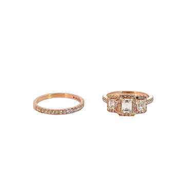Three-Stone Emerald-Cut Diamond Halo Bridal Set in Rose Gold