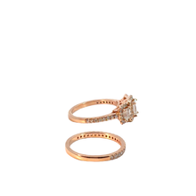 Three-Stone Emerald-Cut Diamond Halo Bridal Set in Rose Gold