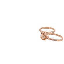 Three-Stone Emerald-Cut Diamond Halo Bridal Set in Rose Gold