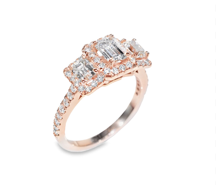 14K Rose Gold 1 1/2 CT Emerald Cut Diamond 3-Stone Engagement Ring