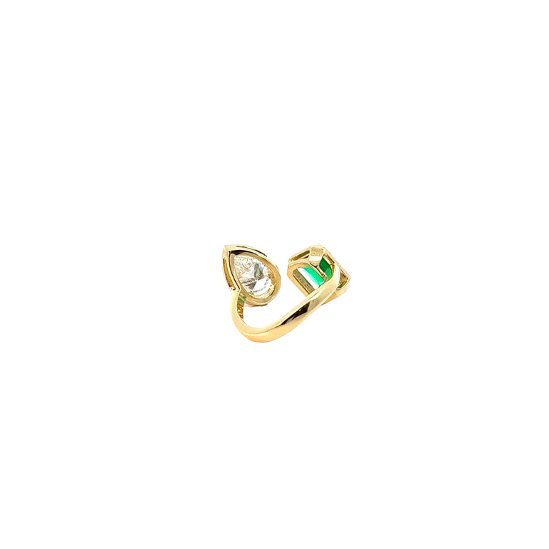Yellow Gold Emerald and Diamond Halo Open Ring