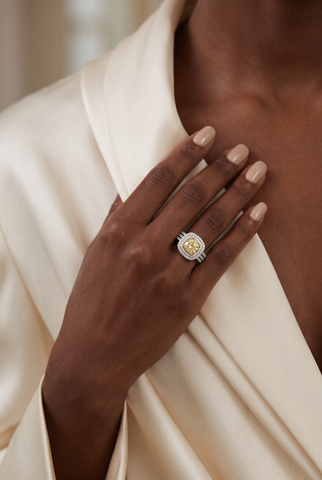 Fancy Yellow Diamond Double Halo Engagement Ring in White Gold
