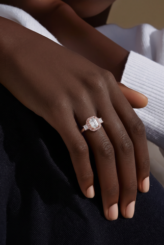 14k White and Rose Gold Multistone Ring with Emerald Cut Diamond- CVD