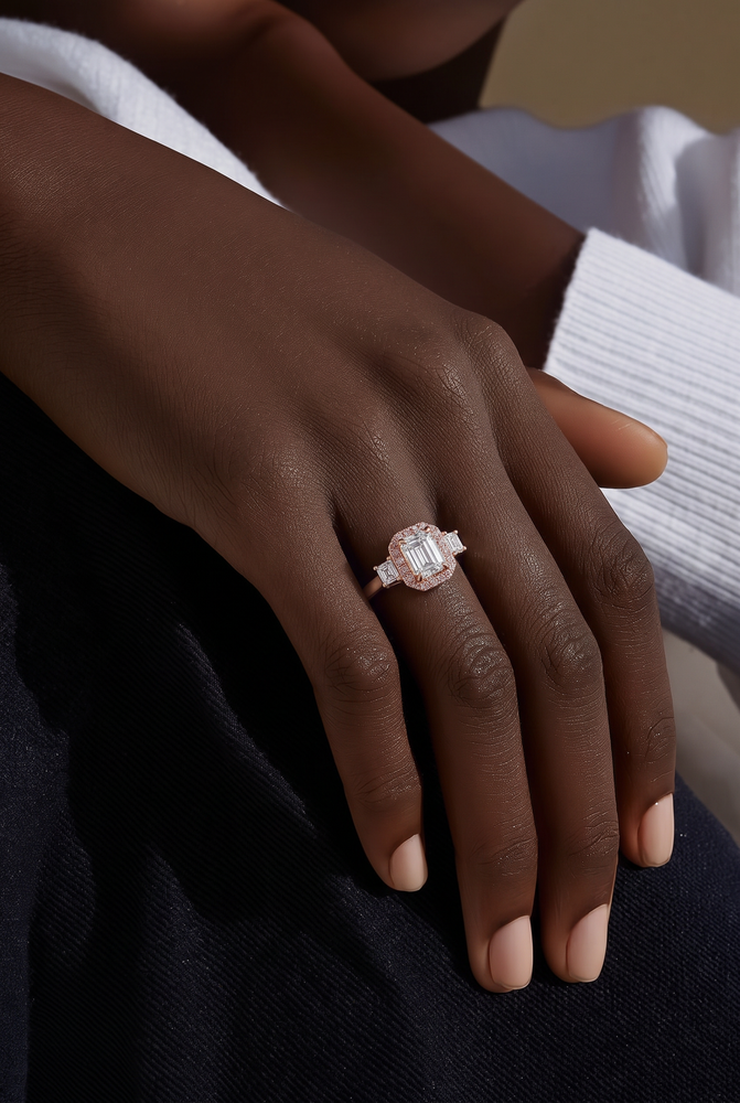 14k White and Rose Gold Multistone Ring with Emerald Cut Diamond- CVD