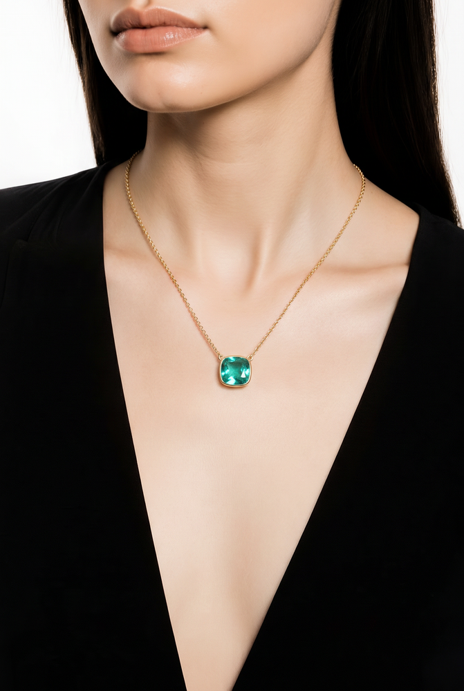 Cushion Cut Emerald Bezel Pendant Necklace in Yellow Gold