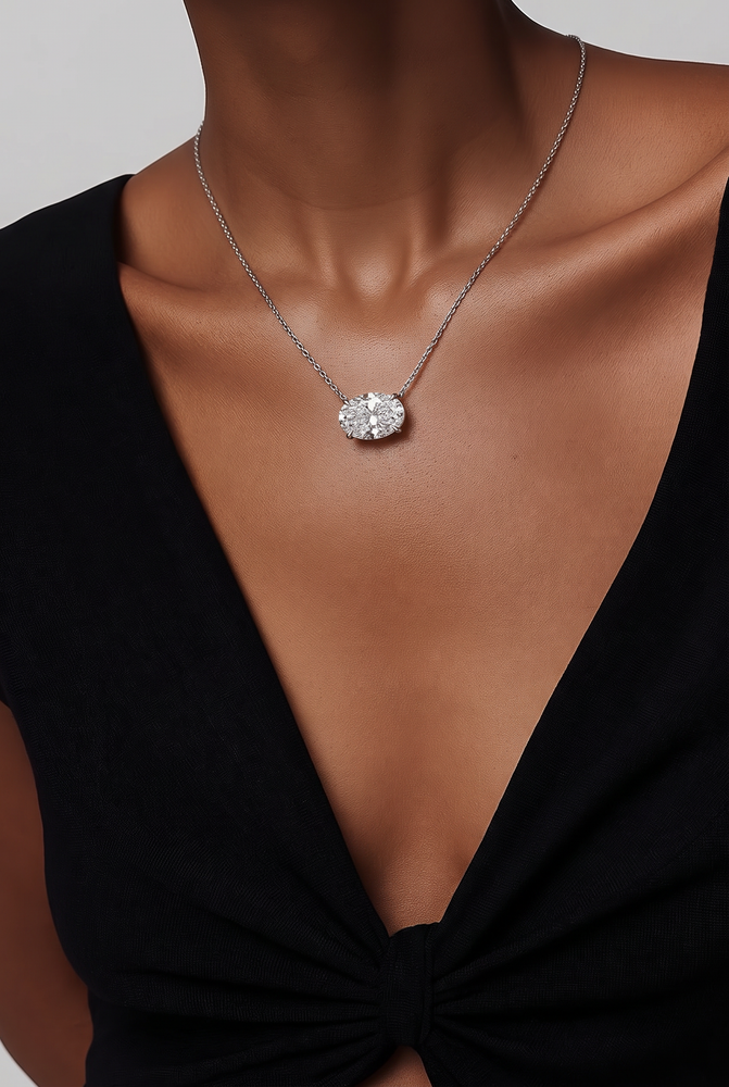 East-West Oval Diamond Solitaire Necklace in White Gold