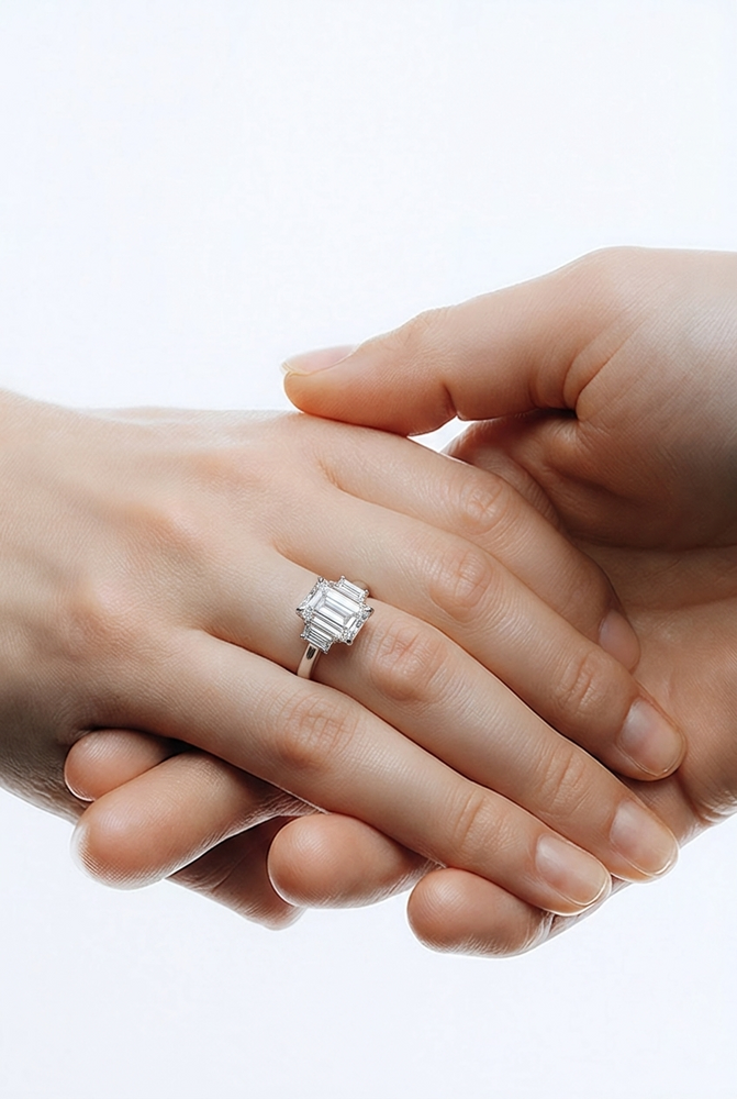 Emerald Cut Diamond Three-Stone Ring in White Gold