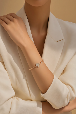 Yellow Gold Diamond Clover Beaded Open Cuff Bracelet