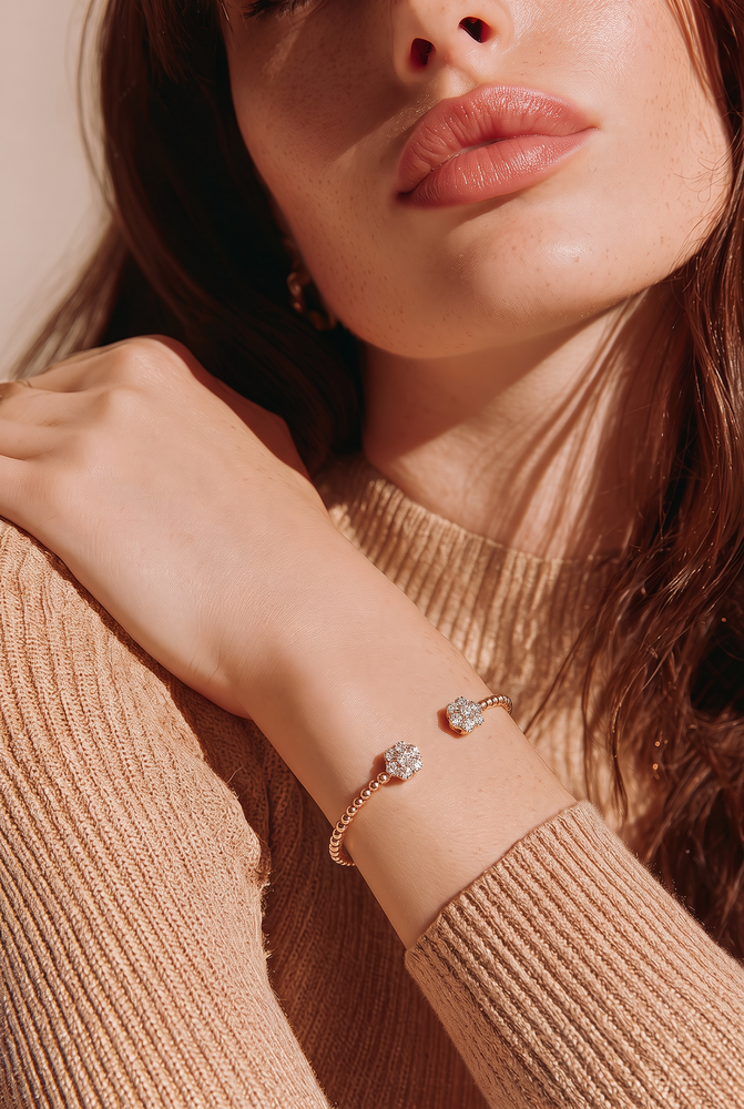 Diamond Cluster Beaded Cuff Bangle in Rose Gold