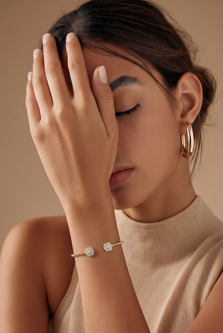 Yellow Gold Beaded Open Bangle with Diamond Clusters