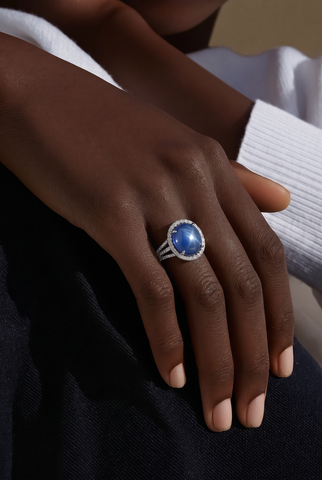 Royal Blue Sapphire Cabochon Halo Ring in White Gold