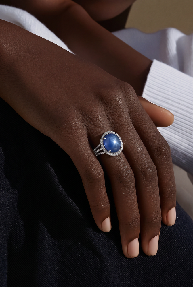Royal Blue Sapphire Cabochon Halo Ring in White Gold