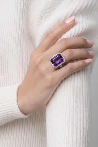 Amethyst Halo Cocktail Ring in white gold.