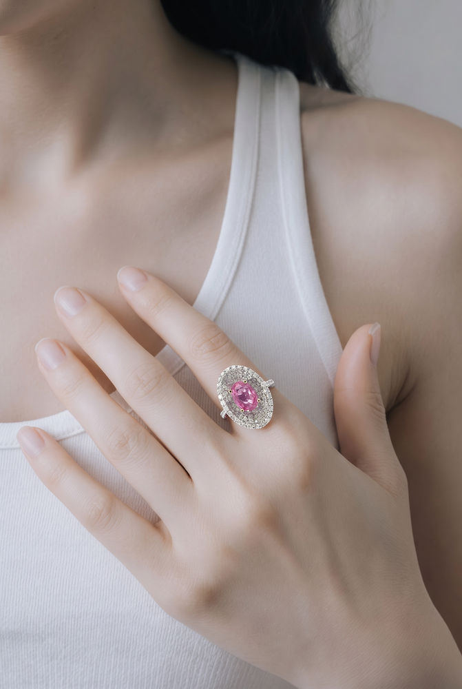 Vivid Pink Sapphire Double Halo Ring in White Gold