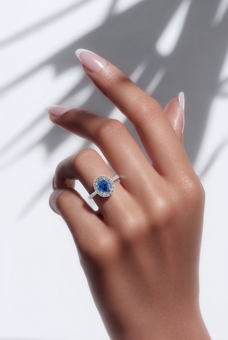Royal Blue Sapphire Halo Engagement Ring in White Gold