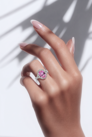 Vivid Pink Sapphire Halo Engagement Ring in White Gold