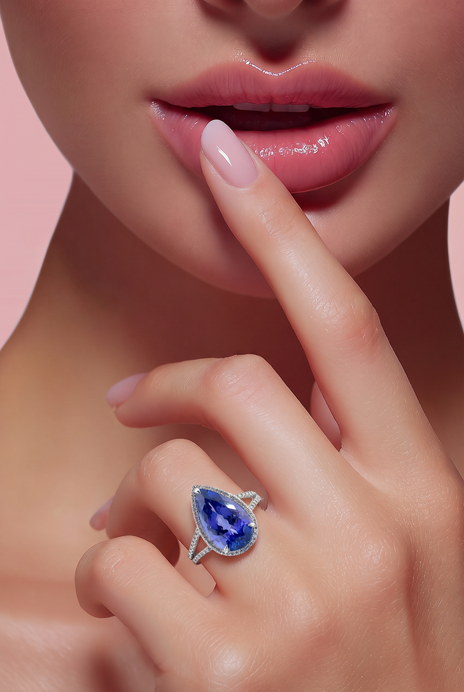 Pear-Shaped Tanzanite Halo Cocktail Ring in White Gold