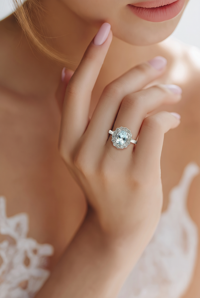 Oval Aquamarine Halo Cocktail Ring in White Gold