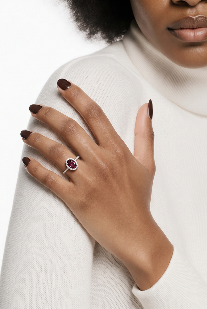 Purplish-Red Ruby Halo Ring in White Gold