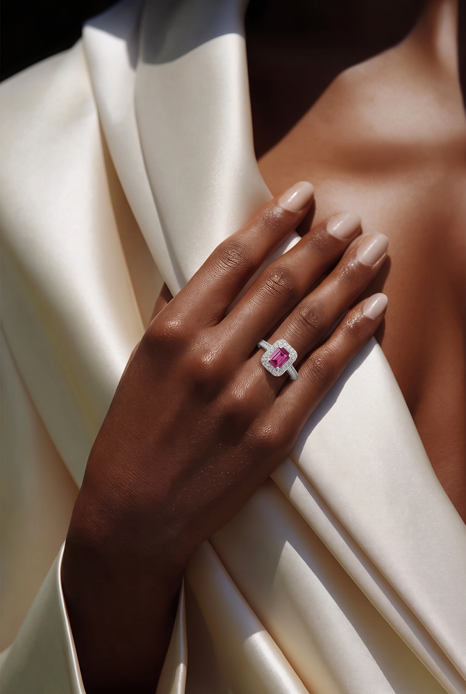 Vivid Pink Sapphire Halo Ring in White Gold