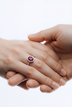 White Gold Purplish-Red Ruby Oval Halo Cocktail Ring