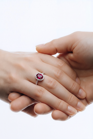 White Gold Purplish-Red Ruby Oval Halo Cocktail Ring