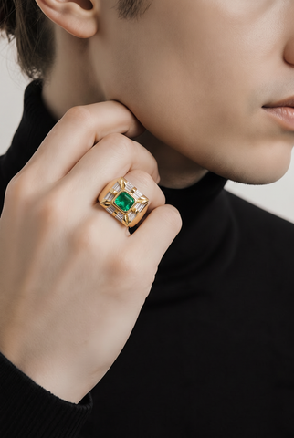 Emerald and Baguette Diamond Cocktail Ring in Yellow Gold