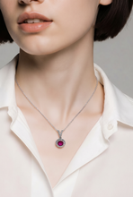 Round Red Ruby Halo Pendant Necklace — White Gold