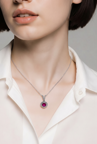 Round Red Ruby Halo Pendant Necklace — White Gold