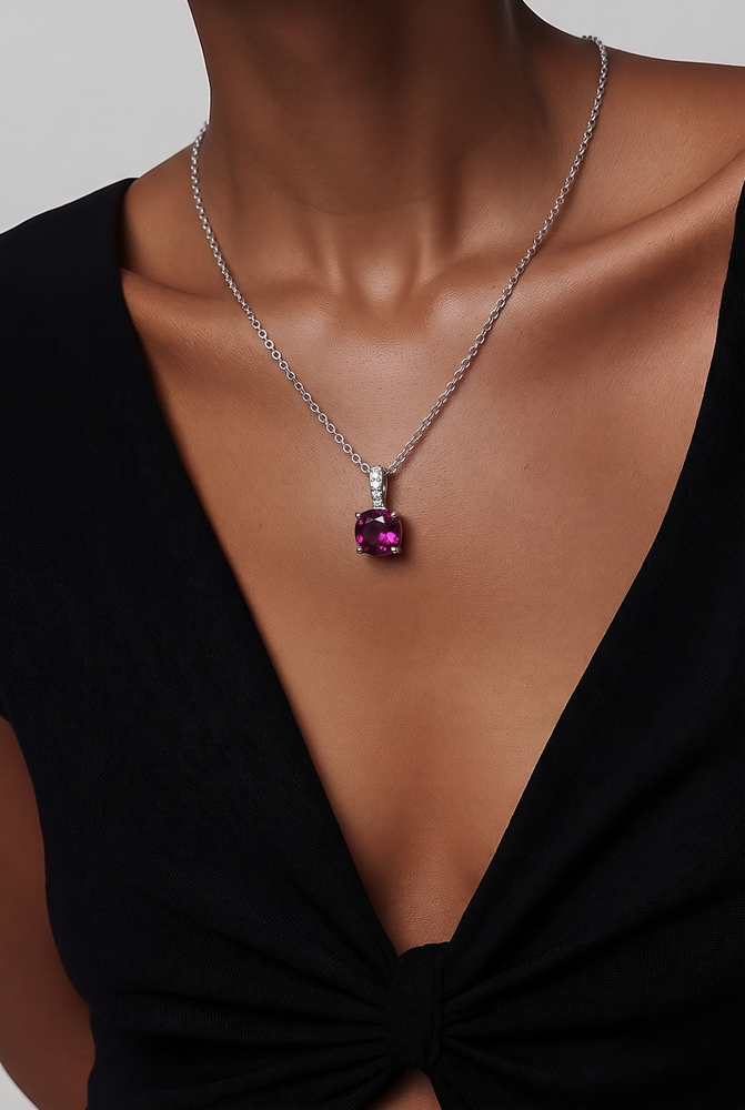 Purplish-Red Ruby Pendant Necklace in White Gold