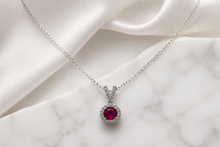 Round Red Ruby Halo Pendant Necklace — White Gold