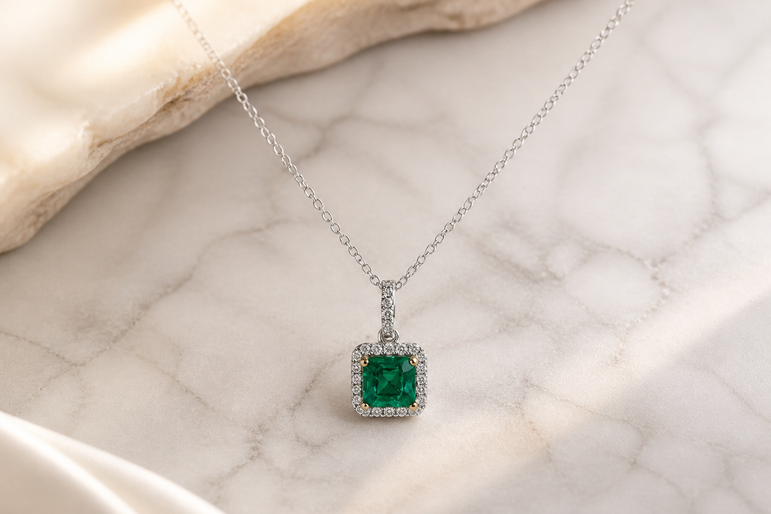 Emerald Halo Pendant Necklace in White Gold