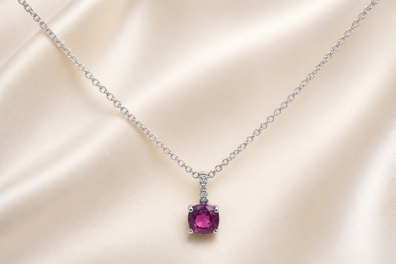 Purplish-Red Ruby Pendant Necklace in White Gold