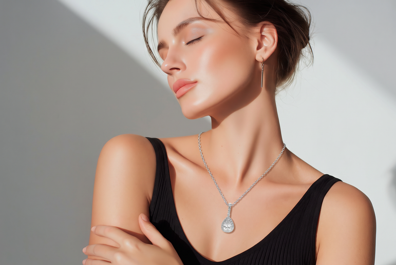 White Gold Pear Diamond Halo Pendant Necklace