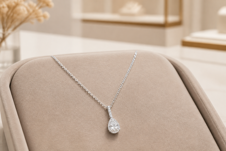 White Gold Pear Diamond Halo Pendant Necklace