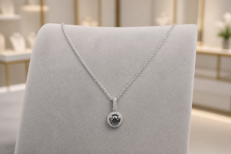 Fancy Black Diamond Halo Charm Necklace in White Gold