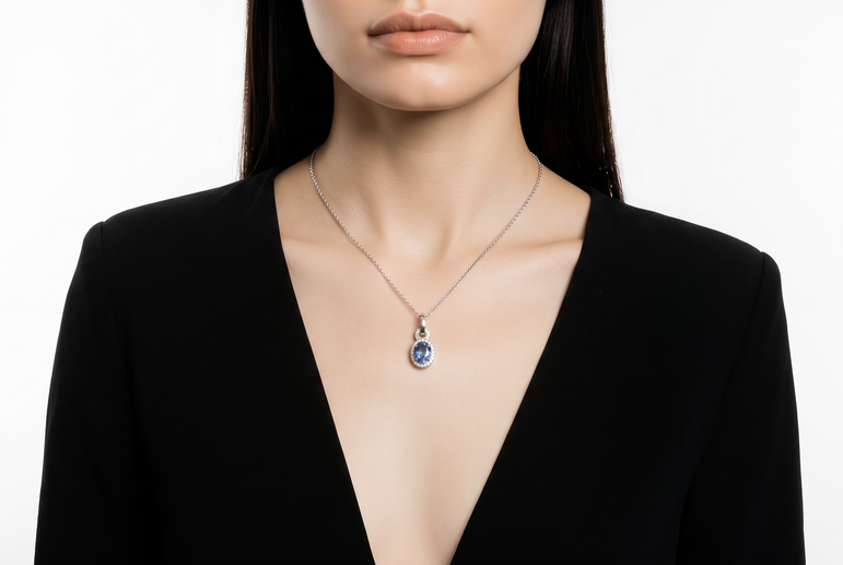 White Gold Blue Sapphire Halo Pendant Necklace