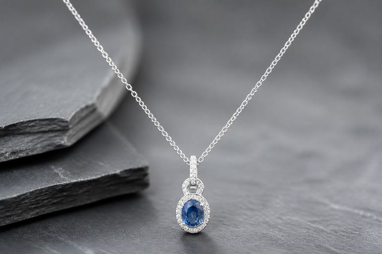 White Gold Blue Sapphire Halo Pendant Necklace
